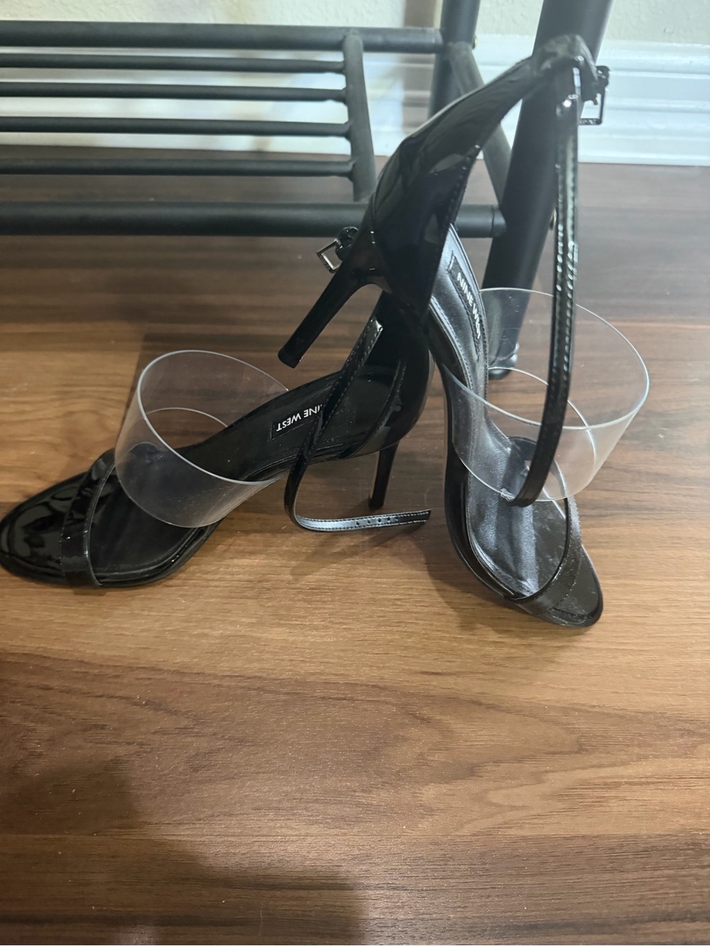 Nine West Black Patent Heeled Sandals with Clear Straps
